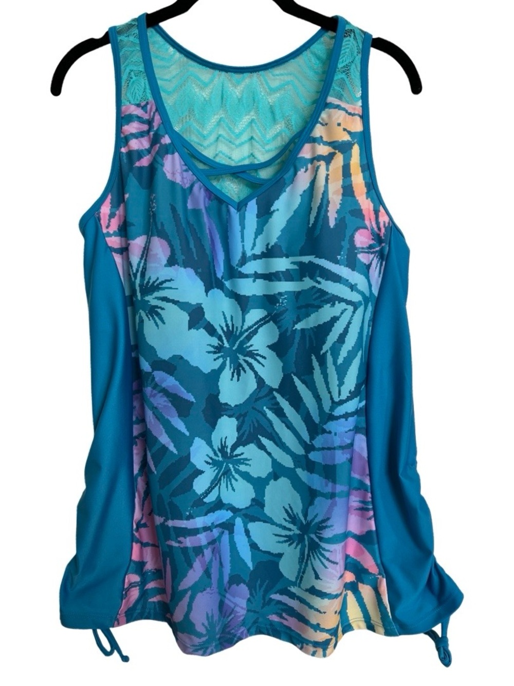 Aqua Turquoise Floral Tankini & 3” Shorts Set Womens SZ 2X - Picture 2 of 5